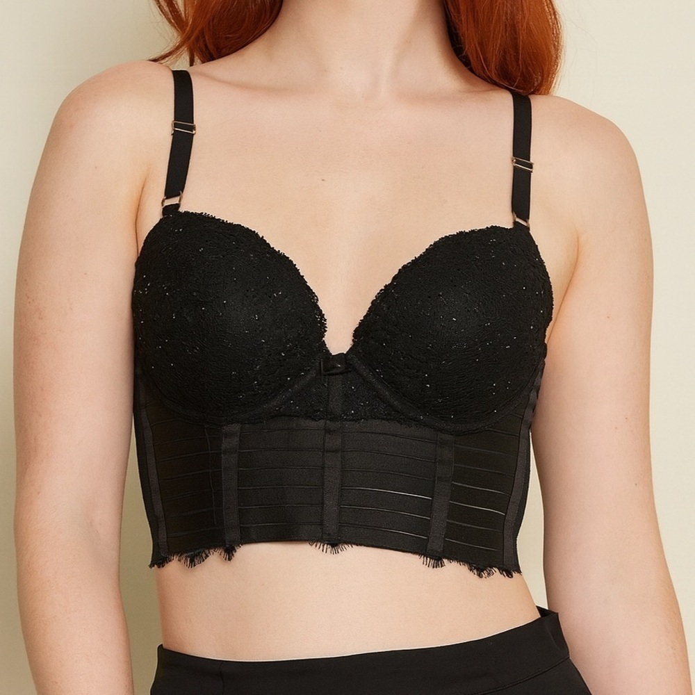 La Senza y2k Black Lace Bustier bling bondage strappy goth grunge fairy 32C